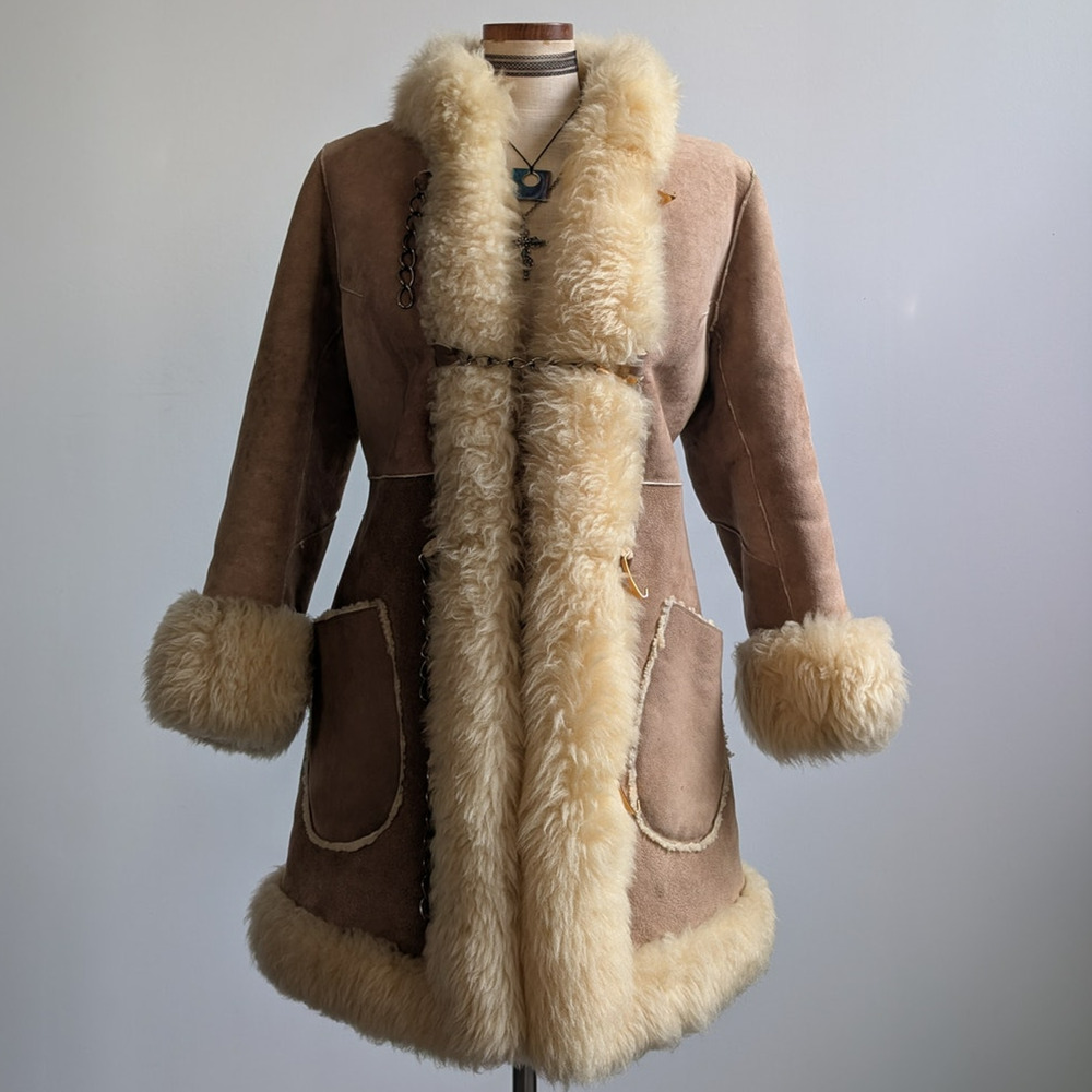 Vintage Brown Suede Fur Coat Boho Tan Leather Penny Lane Jacket Fur Trim Medium - Picture 4 of 11